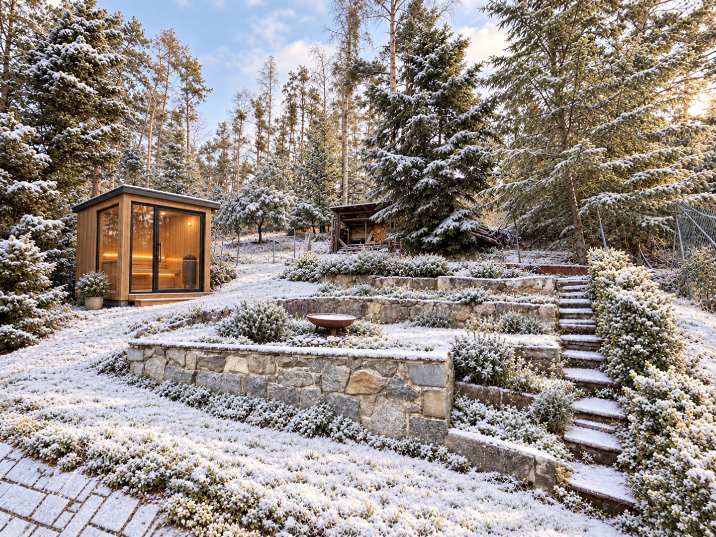 Visualisierung einer verglasten Sauna mit warmer Beleuchtung im leicht verschneiten Garten