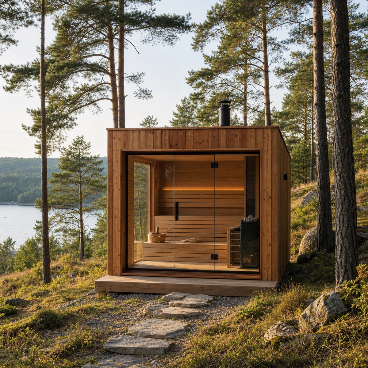 Fotorealistická čtvercová sauna na svahu mezi borovicemi